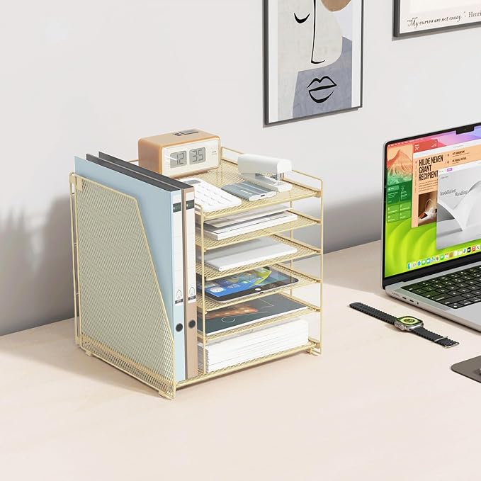 gianotter 6-Tier Paper Organizer With Magazine Holder | Desk Organizers and Accessories, File Organizer for Office Supplies Storag (Gold, 6-Tier) - Image 5