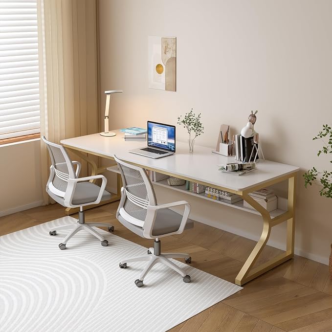 OSCHF 71-Inch Extra Long Desk with Storage Shelf, Gold | Double Long Writing Table, Space-saving, 2-Person Workstation, Modern Study Work Computer Desk, For Home Office - Image 7