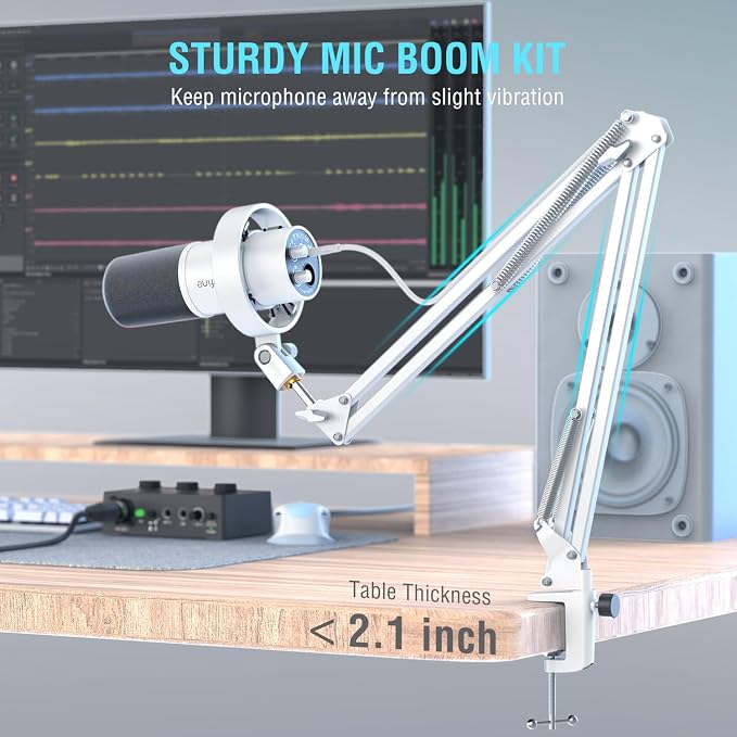 FIFINE AmpliTank K688CTW Dynamic Microphone with Boom Arm, XLR/USB Mic | Studio Vocal Podcast Mic Kit for PC, with Mute Button, Volume Knob, Headphone Jack, for Streaming Recording, White - Image 2