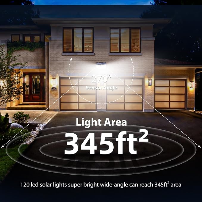 HMCITY Solar Lights Outdoor 120 LED with 3 Lighting Modes, Motion Sensor Wall Lights,IP65 Waterproof Solar Powered for Garden Patio Yard (Back Button 2Packs, Black Shell-Daylight White) - Image 6
