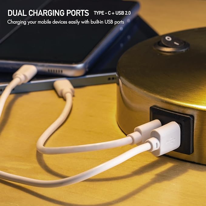 O'Bright Astrum - LED Desk Lamp with Dual USB Charging Ports, 100% Metal, 270 Degree Swivel Arms, Soft White Light (3000K), Bedside & Home Office Table Lamp, ETL Listed, Antique Brass Finish - Image 3