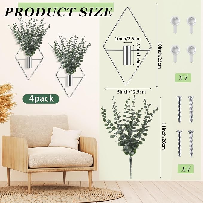 Jexine 4 Pcs Hanging Planters with Artificial Eucalyptus Metal Hanging Vase Indoor Plants Holder Modern Geometric Boho Bathroom Wall Decor for Living Room Home Office (Eucalyptus,Silver) - Image 2