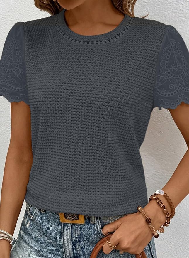 SHEWIN Womens Frenchy Summer Tops Crewneck Short Sleeve T Shirts Casual Waffle Knit Jacquard Blouses Top Shirts - Image 4