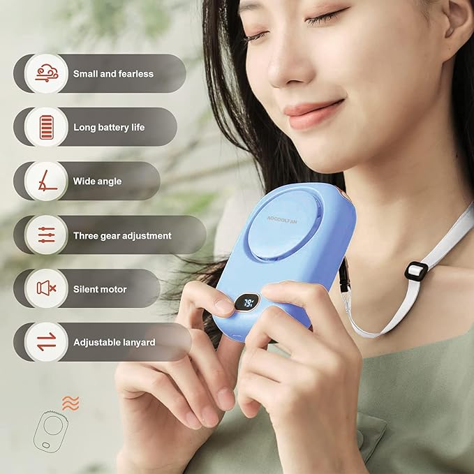 AOCOOLFAN Portable Neck Fan, Mini Small Personal Handheld Fan USB Rechargeable 3 Speed for Girls Boys Woman Eyelash Travel Home Office Outdoor (light blue) - Image 2