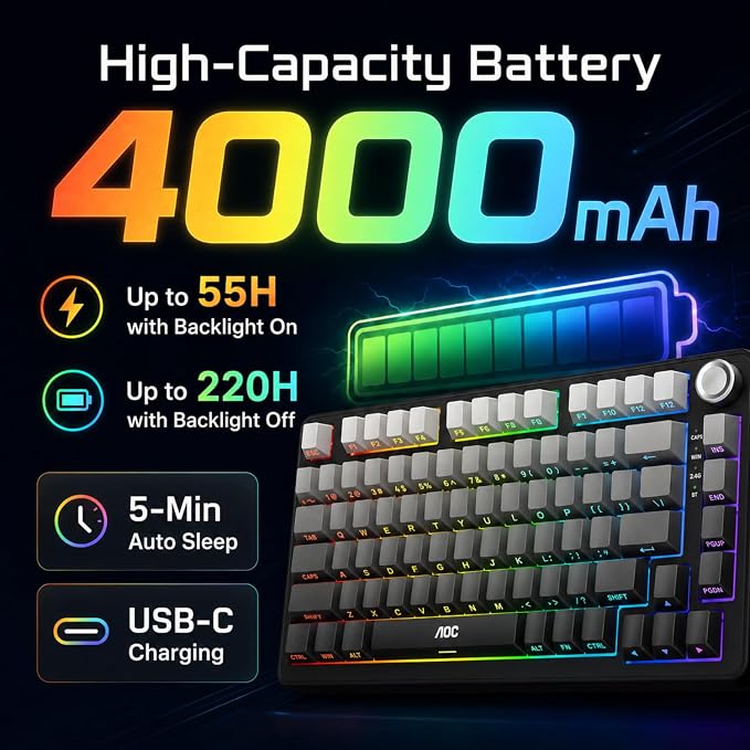 AOC GK330 75% Wireless Mechanical Gaming Keyboard, Hot-Swappable 3-Mode RGB | BT/2.4GHz/USB-C Connectivity, Pre-Lubed Reaper Switches, Anti-Ghosting, Gasket Mount and 5-Layer Sound-Dampening Padding - Image 7