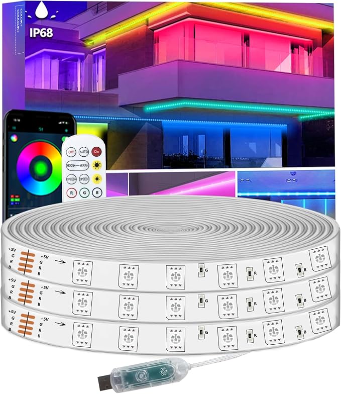 50FT LED Strip Lights IP68 Outdoor Waterproof, 5V USB Powered, Music Sync Bluetooth APP/RF Remote Control Lights for Balcony,Deck,Camping,Garden,Bedroom Decor by httpsmp
