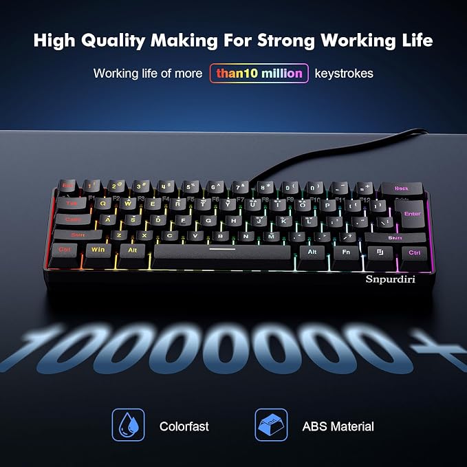 Snpurdiri 60% Wired Gaming Keyboard, 61 Keys RGB (Black) | Backlit Ultra-Compact Mini Gaming Keyboard for PC/Mac Gamer, Typist, Travel, Easy to Carry on Business Trip - Image 4