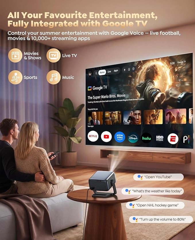 Smart 4K Projector [Google TV Stick Built-in & 360° Stand] with WiFi 6, Bluetooth 5.3, HDR10, 30W Hi-Fi, AI Auto Focus, Outdoor Portable Short Throw Movie Projector for Home Theater Bedroom Ceiling - Image 2