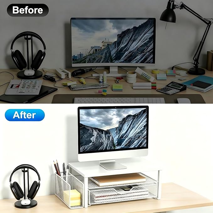 Spacrea Desk Organizer and Accessories, Computer Monitor Stand Riser with Drawer and 1 Open Pen Holder, Printer & Laptop Stand, Office Desk Accessories for Home Office Supplies (White) - Image 2