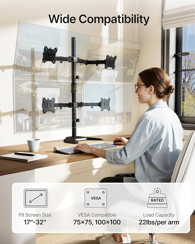 monTEK Freestanding Quad Monitor Stand for Four 17-32" Screens, 22 lbs Each | Solid V-shaped base, four-screen full-motion arms, height adjustment, tilt, swivel, rotation and VESA 75/100 - Image 2