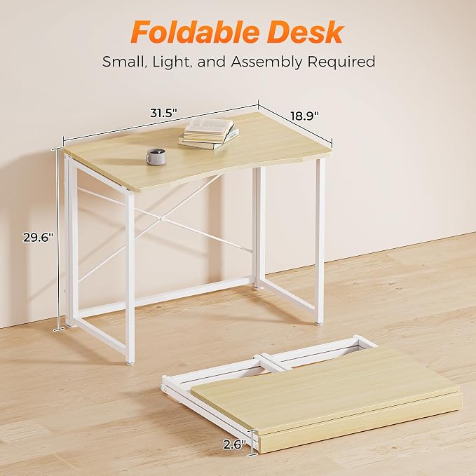 Huuger Folding Desk for Small Spaces, 31.5 Inch Foldable Computer Table, Easy Assembly, for Home Office, Study, Bedroom, Dorm, Space Saving, Small Writing Work Office Computer Desk, Oak - Image 2