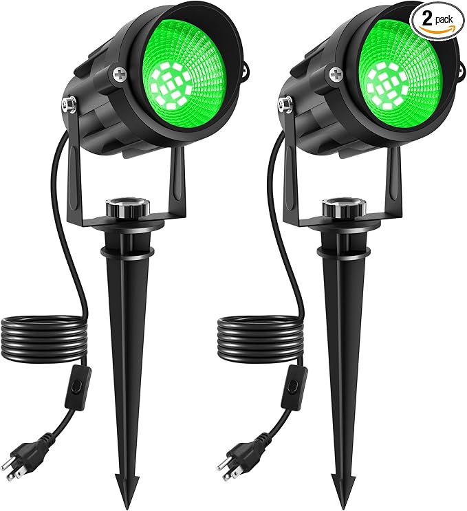 Green LED Spot Lights Outdoor, 14 LED Landscape Lighting with US Plug, IP65 Waterproof Spotlights for Tree Yard Garden Pathway Flag St. Patrick's Day Halloween Christmas Decor 2 Pack by CREPOW