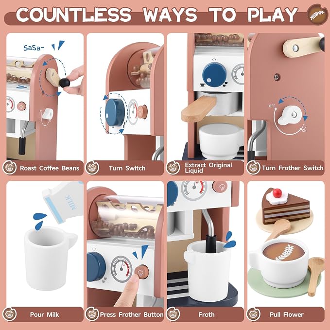 GAGAKU Wooden Coffee Maker Toy 14 pcs Play Kitchen Accessories Toy Coffee Maker for Kids Pretend Playset Toddler Coffee Maker Gifts for Boys and Girls - Image 4