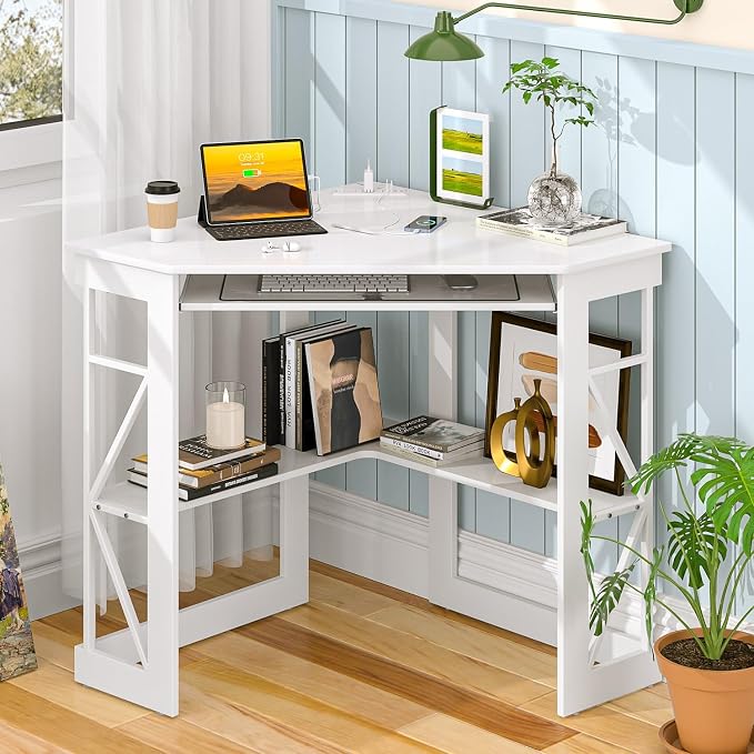 VECELO Corner Desk, Triangle Computer Desk for Small Space with Charging Station and Keyboard Tray, Corner Makeup Table with Storage Shelves for Home Office Bedroom, 41x30, White - Image 2