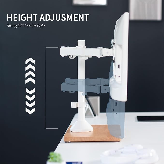 VIVO Dual Monitor Desk Stand for 13 to 32 inch Screens, STAND-V002FD-W | Articulating, Freestanding Adjustable Monitor Arm, White with Wood Base, Computer Stand for 2 Monitors, Holds 22 lbs Each - Image 6