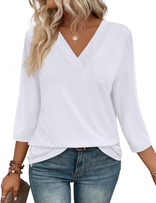 WIHOLL Womens Tops 3/4 Length Sleeve V Neck Casual Tunic Tops Basic Shirts Loose Fit Blouse by WIHOLL