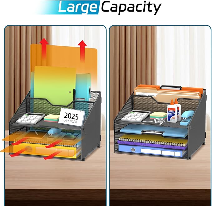 Desk File Organizer, 4 Letter Trays and 2 Upright Sections, Black | Paper Organizer for Desk with Tiered Letter Trays and Vertical File Holders for Home Office, School and Workspace Use - Image 5
