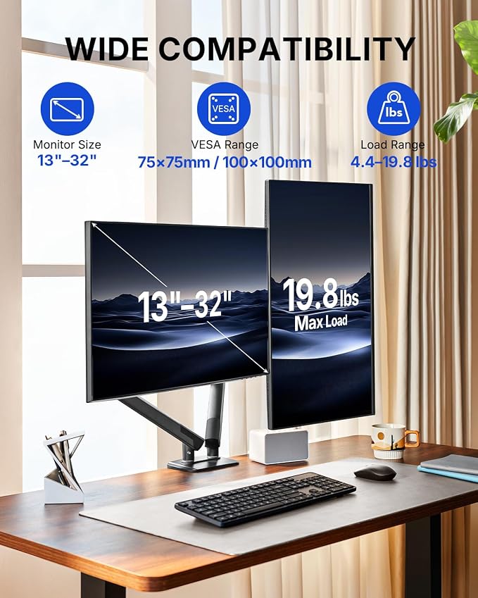 HUANUO FlowLift Pro Dual Monitor Mount for 13–32" Screens, MechaSpring Monitor Stand, Adjustable Monitor Arms for 2 Monitors with Tilt/Swivel/Rotation, Tool-Free VESA Mount, Max Load 19.8 lbs - Image 2