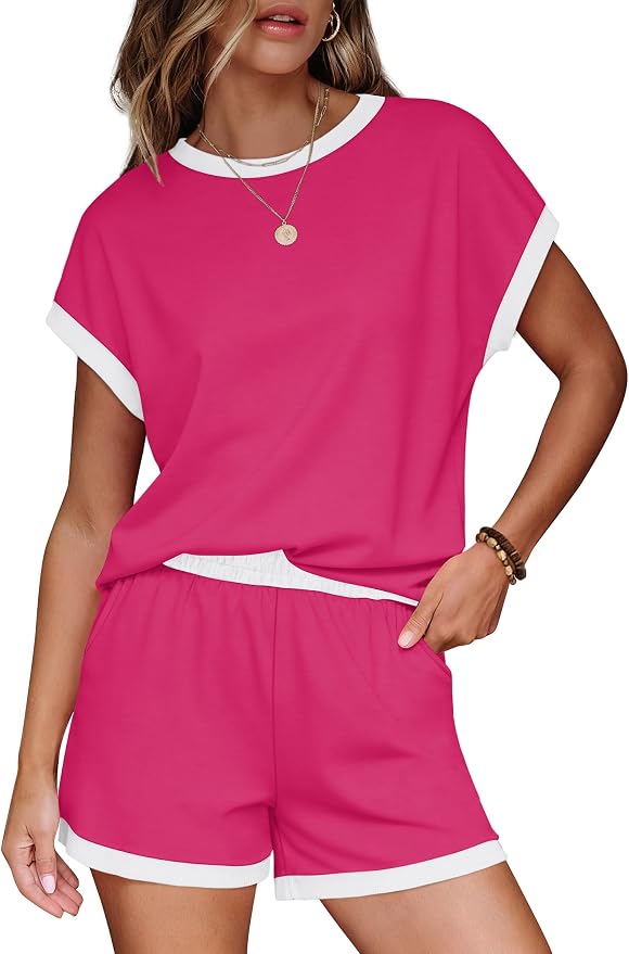 WIHOLL Two Piece Sets for Women Summer Lounge Short Sets Cap Sleeve Crew Neck Sweatsuit with Pocket XS-2XL - Image 2