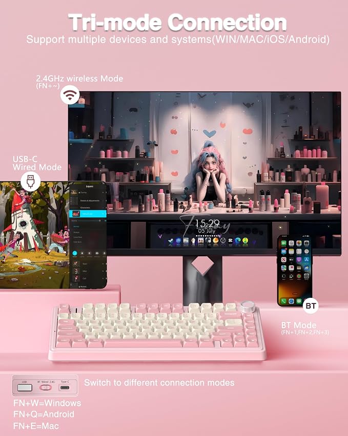 AULA F75 75% Wireless Mechanical Keyboard, Hot Swappable Pink Creamy Keyboard, Pre-lubed Linear Switches, PBT Keycaps, 2.4GHz/Type-C/BT5.0, RGB Backlit Computer Gaming Keyboards for Office/Laptop/PC - Image 3
