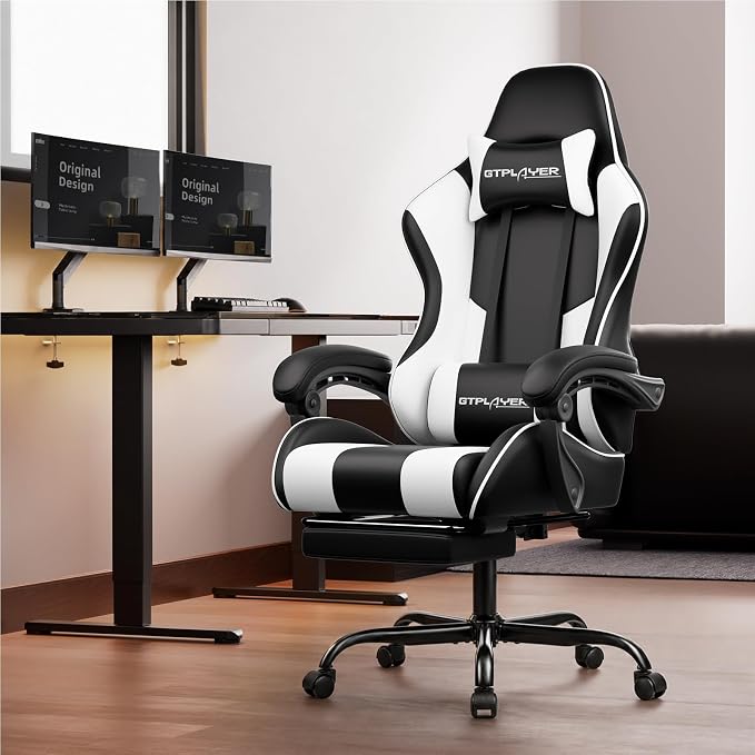 GTPLAYER Gaming Chair, Computer Chair with Footrest and Lumbar Support, Height Adjustable Game Chair with 360°-Swivel Seat and Headrest and for Office or Gaming (Pearl White) - Image 2