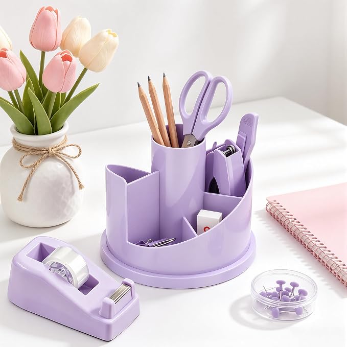 deli Office Supplies Set, Desk Accessory Organizer Kit, Purple | Stationary Set, Desk Supplies with Rotating Multi-Functional Pen Holder &Stapler Set for Office, School, Home - Image 2