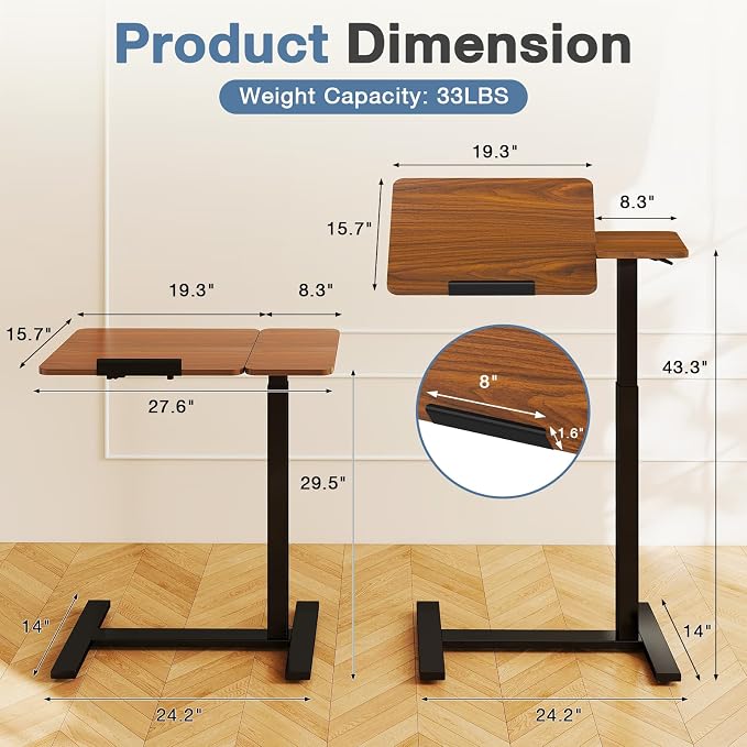 Adjustable Standing Desk Rolling Laptop Table with Wheels, Brown | Tiltable Desktop Design for Comfortable Work, Reading and Study Spaces - Image 5