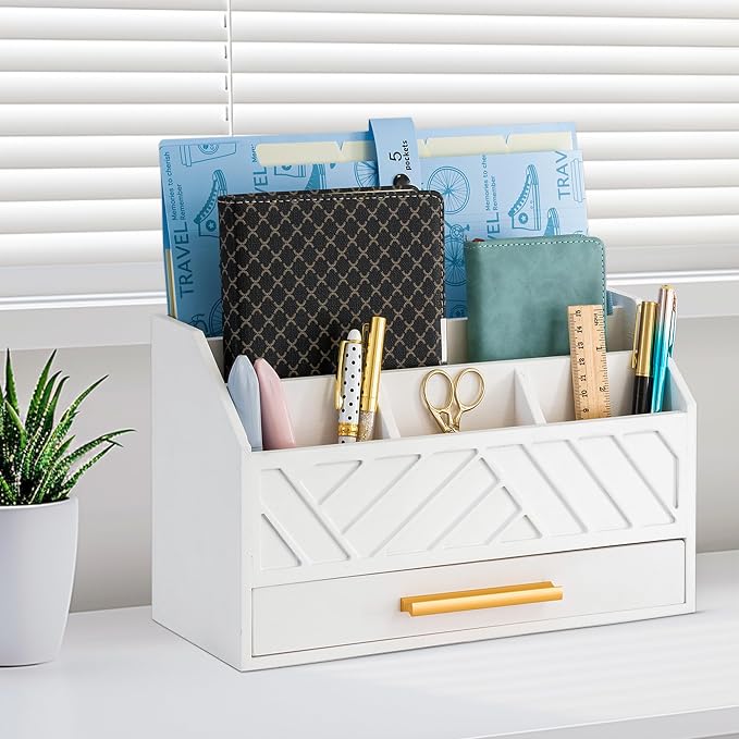 dreampossible white Wood Desk Organizer and Accessories with Drawer, Bill Mail Organizer and File Mail Holder for Office Supplies, Modern Desk Accessories & Workspace Organizers for Desk Organization - Image 7