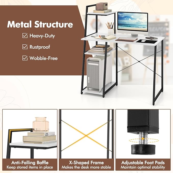 Giantex Computer Desk with Shelves, 47.5” Home Office Desk with Bookshelf, Host Stand, Metal Frame, PC Laptop Workstation, Modern Study Writing Desk for Bedroom, Small Space (White & Black) - Image 4