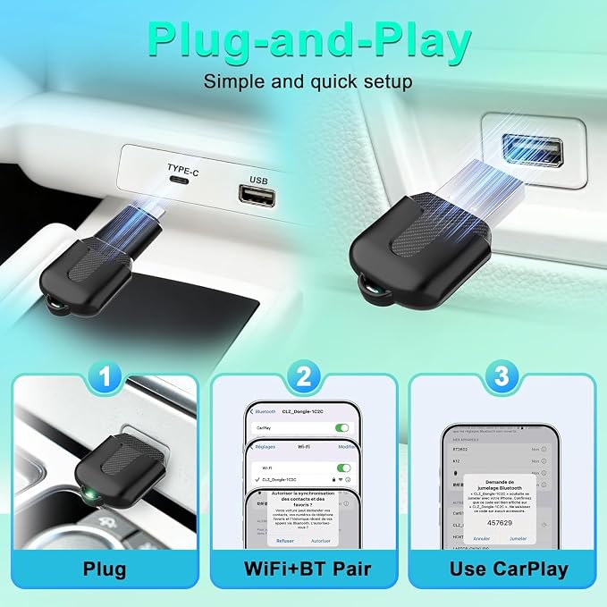 Wireless Carplay Adapter, Convert Wired to Wireless CarPlay, Compatible with CarPlay, Plug and Play, Type-C/USB, Suitable for 800+ Vehicles (Matte Black) - Image 7