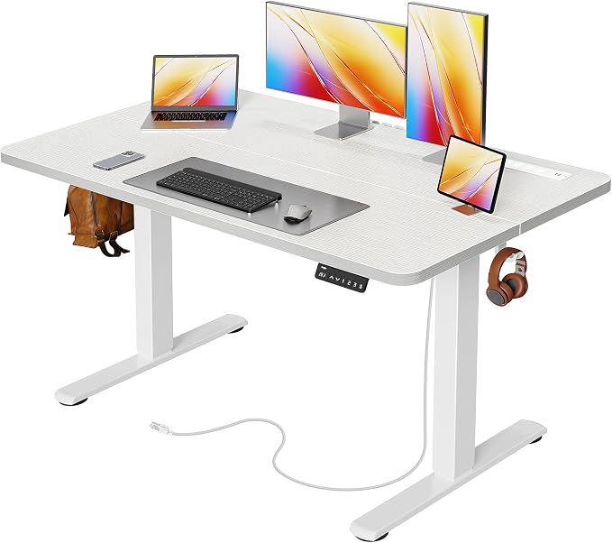 Huuger Electric Standing Desk with Power Outlets and USB-C Port, 47 X 24 Inch Height Adjustable Desk, Sit Stand Desk for Home Office, Computer & Gaming Desk with 4 Presets, Stable Steel Frame, White by Huuger