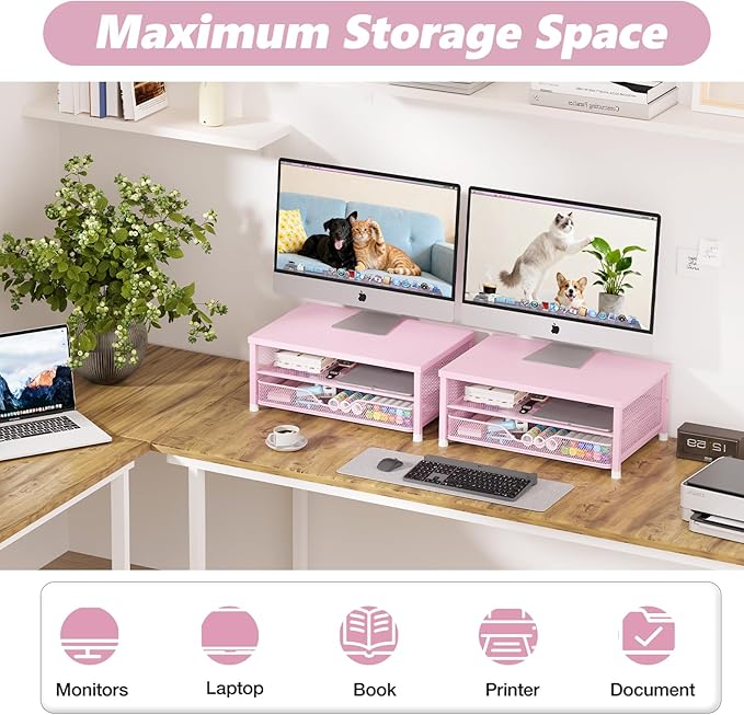 OPNICE Computer Monitor Stand Riser, Desk Organizer with Drawer, Printer & Laptop Stand, Office Desk Accessories & Workspace Desktop Organizers Storage for Office Supplies(Pink) - Image 5