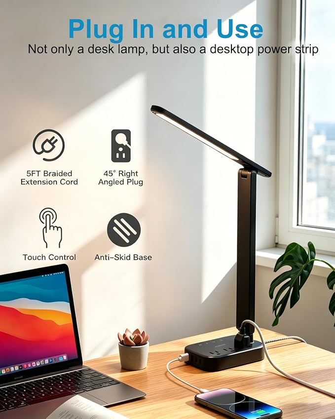 LED Desk Lamp Power Strip with 4 USB 3 Outlets, Dorm Room Essentials, Black | One Beat 4 Modes 5 Level Brightness Touch Lamp, Small Desk Lamp for Home Office College Dorm Essentials, Study Reading Light - Image 6