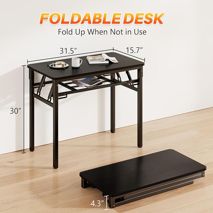 BYMECOST 31.5 inches Folding Desk Small Desk, No Assembly Computer Desk with Storage Shelf, No Install Small Foldable Table for Home Office,Study Table for Small Space (Black, 31.5") - Image 2