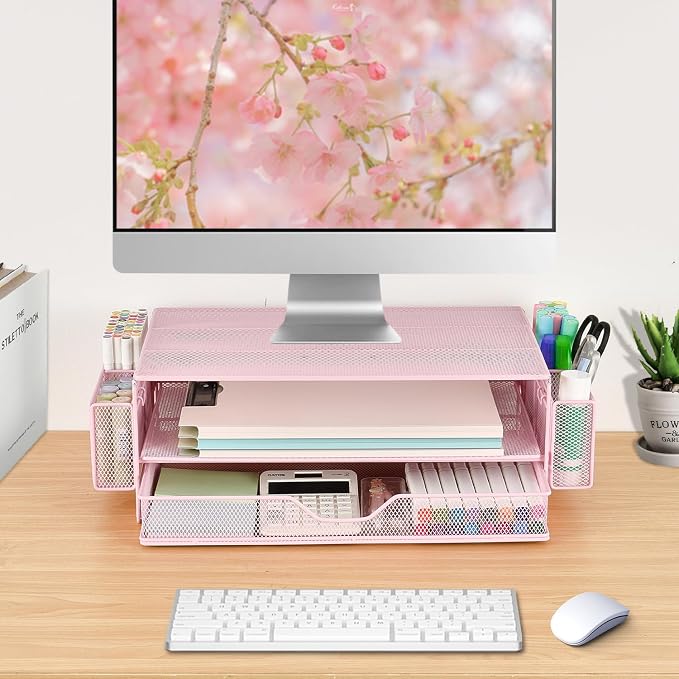 AUPSEN Computer Monitor Stands Riser，2-Tier Desk Organizers and Accessories, Office Desk Accessories Organizer with Drawers and 2 Pen Holder for Office Supplies (Pink) - Image 5