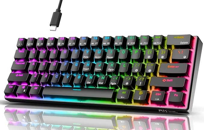 RK ROYAL KLUDGE RK61 Wired 60% Mechanical Gaming Keyboard Programmable QMK/VIA RGB Backlit 61 Keys Ultra-Compact Hot Swappable Red Switch Black by RKROYALKLUDGE