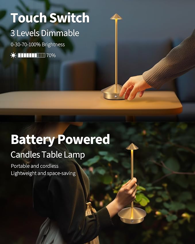 Modern Cordless Table Lamp Set of 2, Gold Portable LED Desk Lamps | 5000mAh, Rechargeable, Battery Operated Lighting for Bedroom, Dining Room, Restaurant, Coffee Shop, Camping, Night Light - Image 4