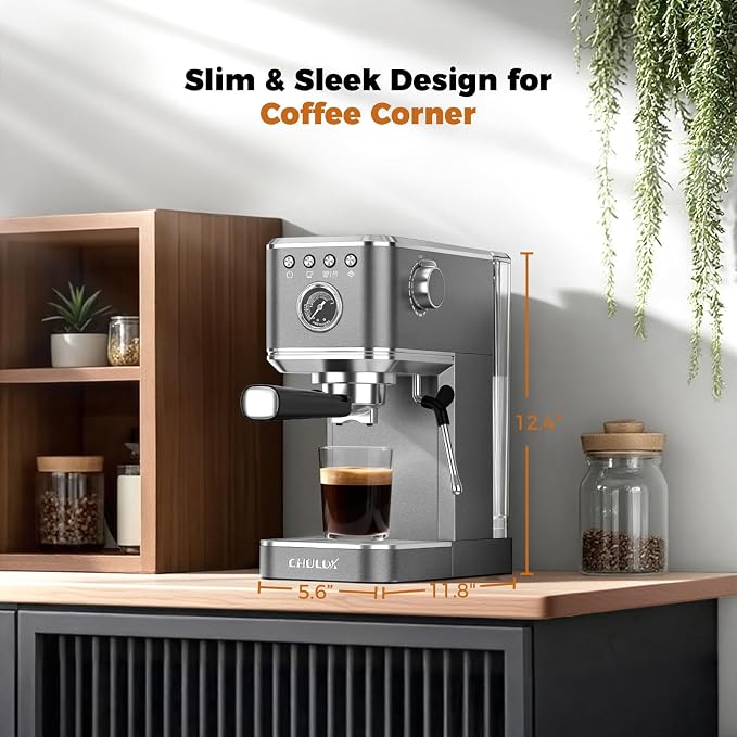 CHULUX Elite Espresso Coffee Machine with Steam Wand for Cappuccino, Gray | Hot and Iced Espresso, 1350W Fast Heating System, Visible Pressure Gauge, PID Temperature Control, Pre-Infusion Technology - Image 7