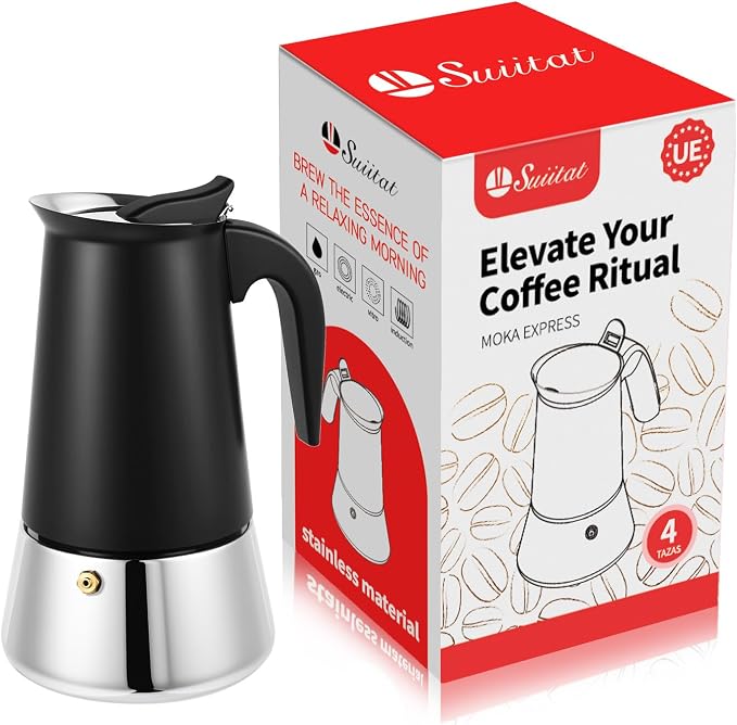 4 Cup Stainless Steel Moka Pot, 200ml Stovetop Espresso Maker, Black by Suiitat