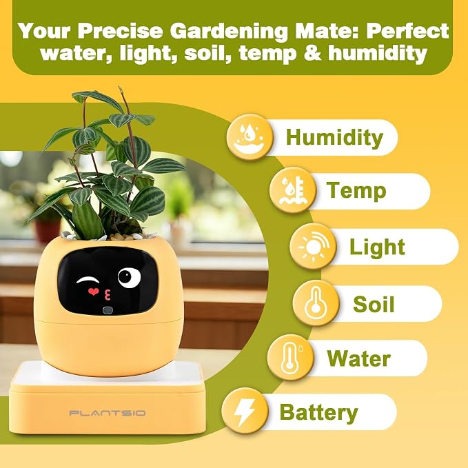 Upgraded AI Smart Flower Pot Multi-Emotion Interactive Digital Display Self Watering Planter Robot Flower Pot Supports 50+ Plants Decor for Desk Home Pet Office(Yellow) - Image 4