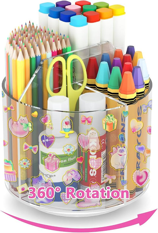 Acrylic Pencil Organizer for Desk Crayon Organizer with Adhesive Sticker | Rotating Art Supply Organizer with Kawaii Sticker, Spinning Marker Holder Organizer for Kids Small Lazy Susan with 4 Dividers by Wawocs