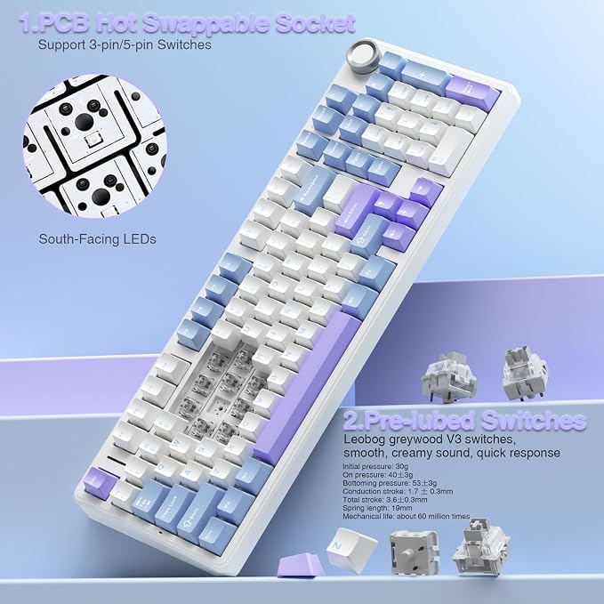 AULA F99 Pro Wireless Mechanical Keyboard with Knob,Creamy Sound,Tri-Mode BT5.0/USB-C/2.4GHz Hot Swappable Keyboard,Gasket Structure,RGB Backlit Computer Gaming Keyboards - Image 7