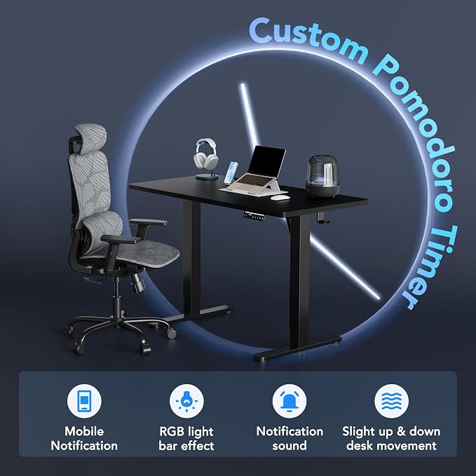 HUANUO One-Piece AI-Powered Electric Standing Desk, Smart APP, Work with Alexa & Google, Adjustable Height, 3 Memory Settings, Sedentary Reminder, Ergonomic Sit-Stand Desk, 48-inch, Black - Image 4