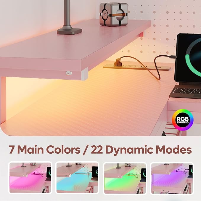 Bestier 52-Inch L-Shaped Gaming Desk with Charging & LED, Pink | Charging 3AC+2USB, RGB LED 20 Colors/22 Modes, Reversible Storage Shelves, Carbon Fiber Texture, Headphone Hook, 52 in - Image 4