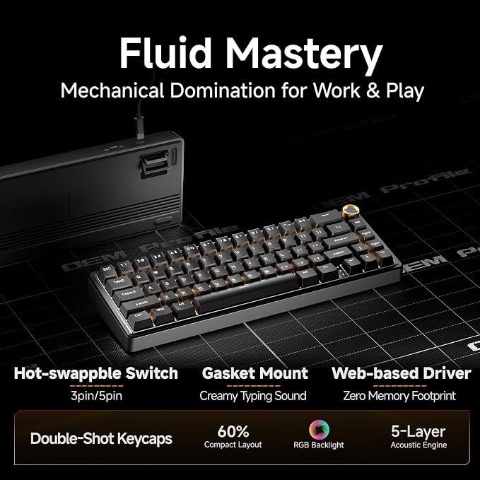 DIERYA DK68E 60% Mechanical Gaming Keyboard, Hot-Swappable, Wired, Black | Gasket Mount, Pre-Lubed Linear Switches, 5-Layer Foam, Programmable, Volume Knob, RGB Backlight, Double-Shot Keycaps - Image 2