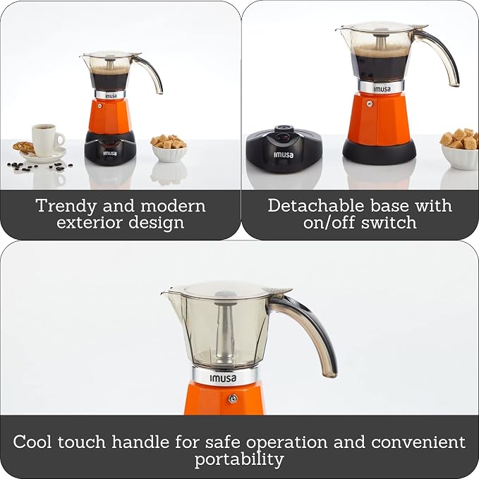 IMUSA 6 or 3 Cup Electric Espresso Maker with Cool-Touch Handle, Orange | Bare Aluminum Finish, Cool-Touch Handle with Visual Indicator, Makes Espresso, Ideal for Everyday Use and Gifts - Image 2