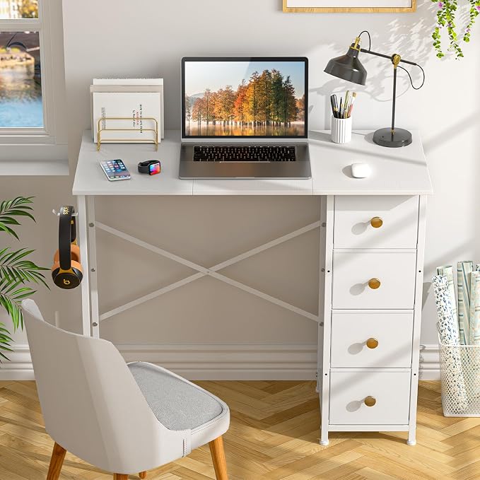 Small White Desk with Drawers for Bedroom, 35.4 Inch Kids Girls Teens Student Writing Desk with Storage, Reversible Study Table, White Computer Desk for Home Office, Makeup Vanity Desk for Small Space - Image 6