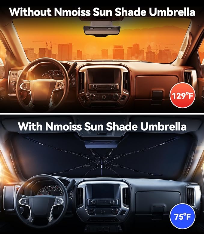 Nmoiss Windshield Sun Shade Umbrella for Silverado - [Vinyl Coating Heat Shield] Protect Car from Sun Rays & Heat Damage Keep Cool and Protect Interior, Spring Structure Edge - Image 2