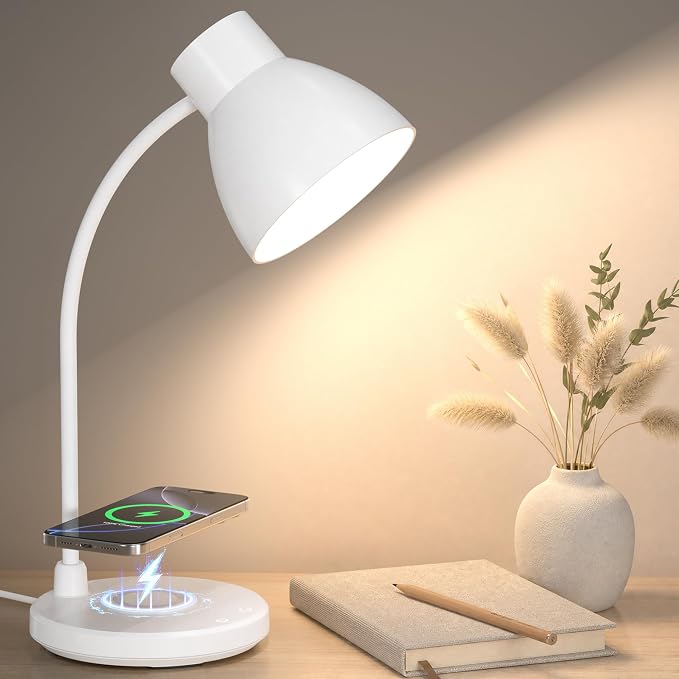LED Desk Lamp for Home Office with Wireless Charger, White | 3 Color Modes Dimmable Eye-Caring Study Reading Dorm Desk Lamp, 360° Flexible Arm Table Lamp for College Dorm Room, 800 Lumen by Vicsoon