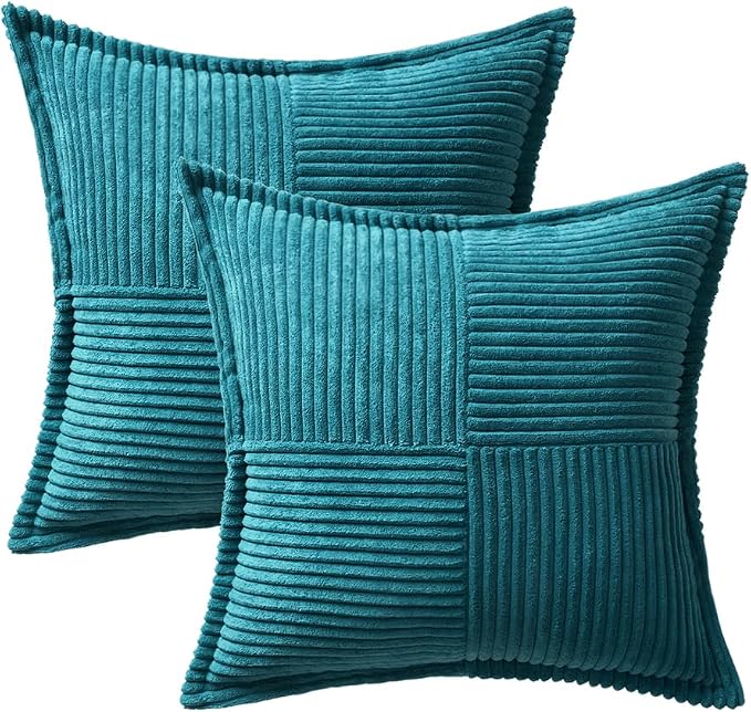MIULEE Decorative Throw Pillow Covers for Couch Bed Livingroom 16x16 Inch Set of 2 Teal Blue Boho Accent Throw Pllows Broadside Striped Patchwork Soft Corduroy Summer Coastal Pillowcases - Image 6